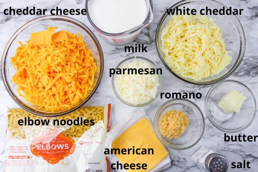ingredients for copycat chick fil a mac and cheese labelled with text