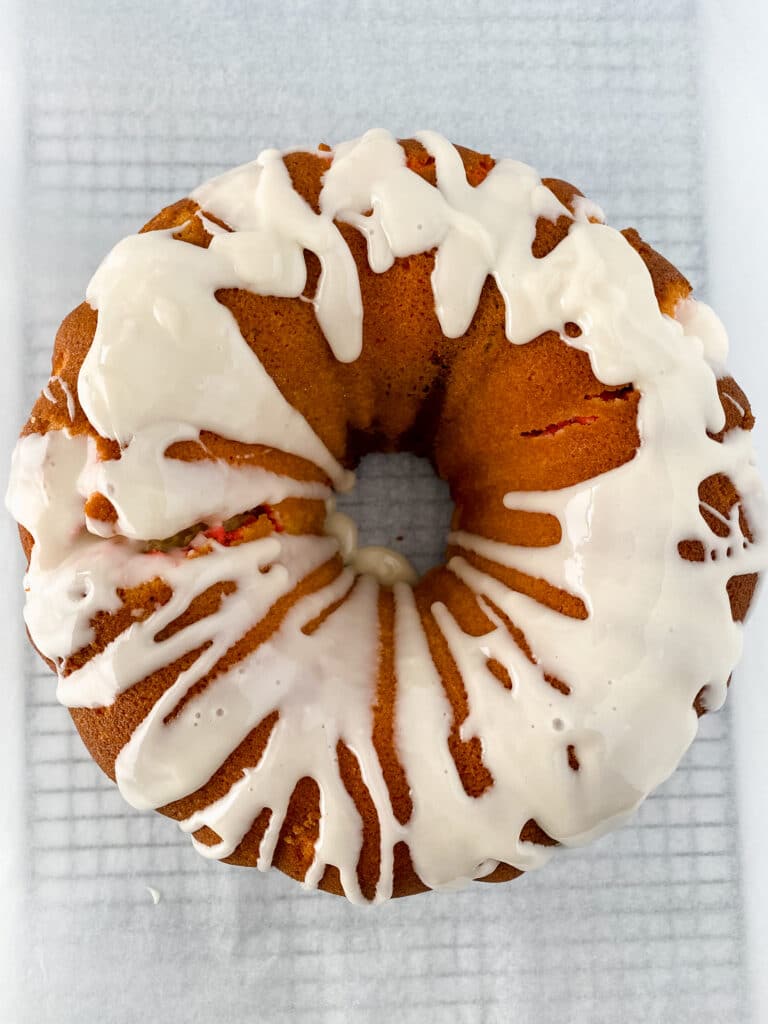 finished Neapolitan bundt cake on a piece of parchment paper