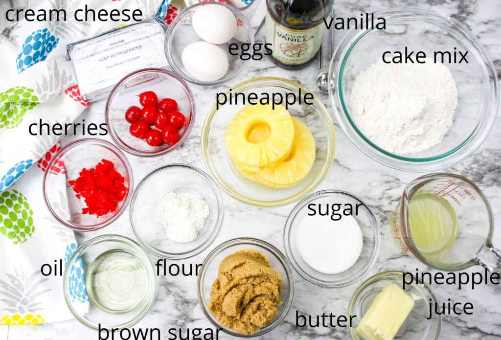 ingredients for instant pot pineapple upside down cake on a marble counter