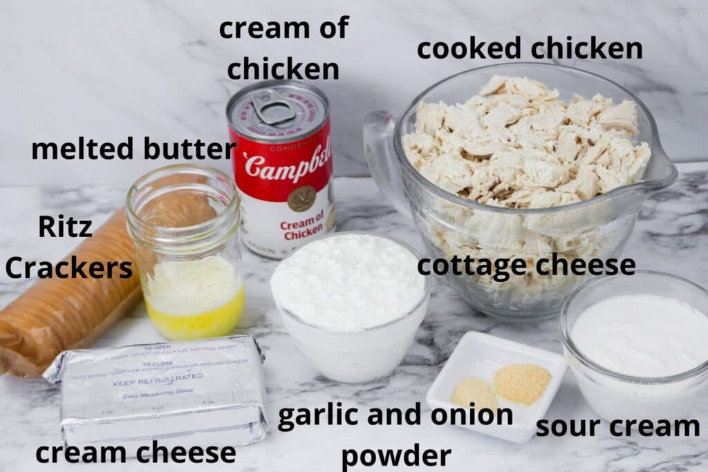 ingredients of million dollar chicken casserole ingredients labelled with text