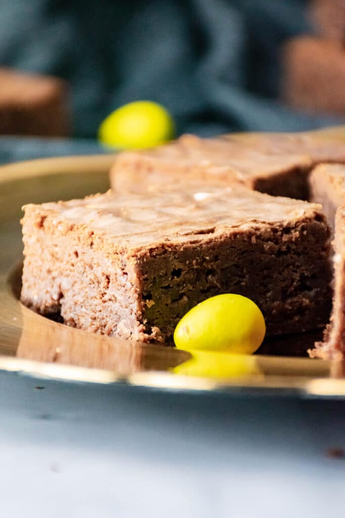 close up of a cadbury egg brownie with a yellow mini egg