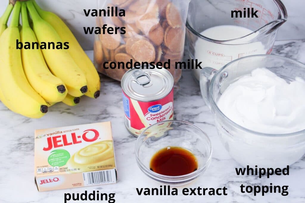 ingredients for no bake vanilla pudding labeled with text