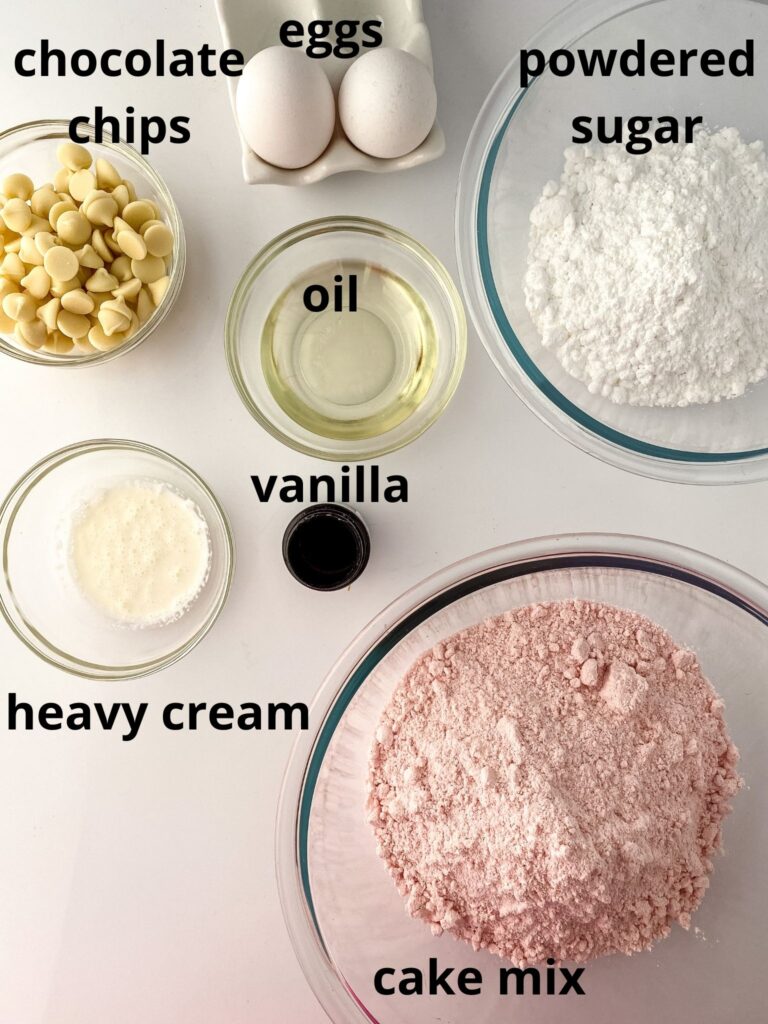 ingredients for strawberry blondies labelled with text