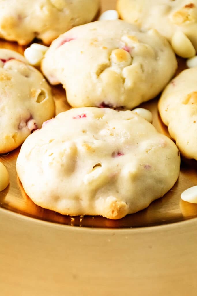 strawberry cheesecake cookies on a gold platter