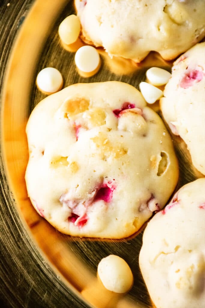 strawberry cheesecake cookies on a gold platter