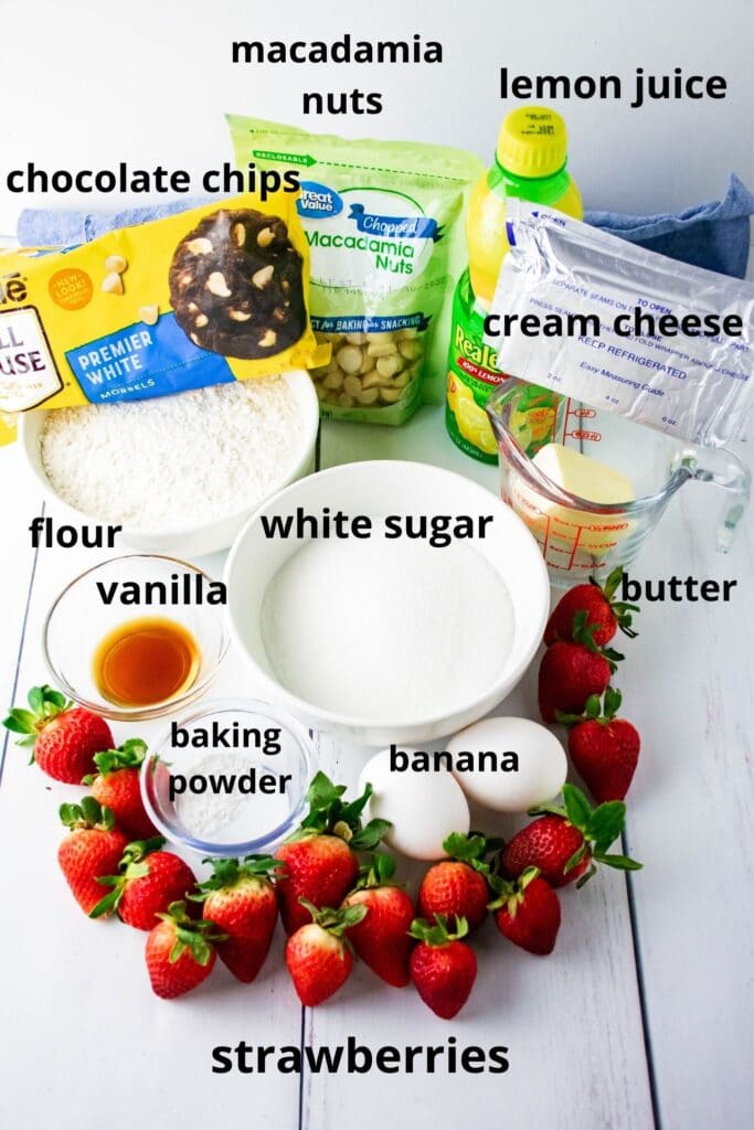 ingredients for strawberry cheesecake cookies labelled with text
