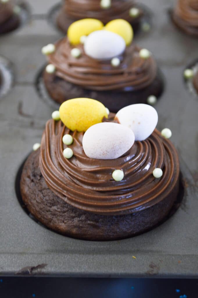 chocolate mini egg cupcakes in a baking pan
