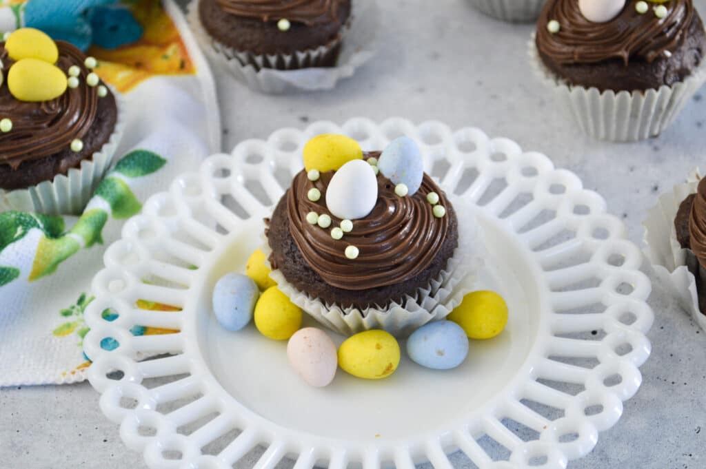 Chocolate Mini Egg Cupcake on a white plate