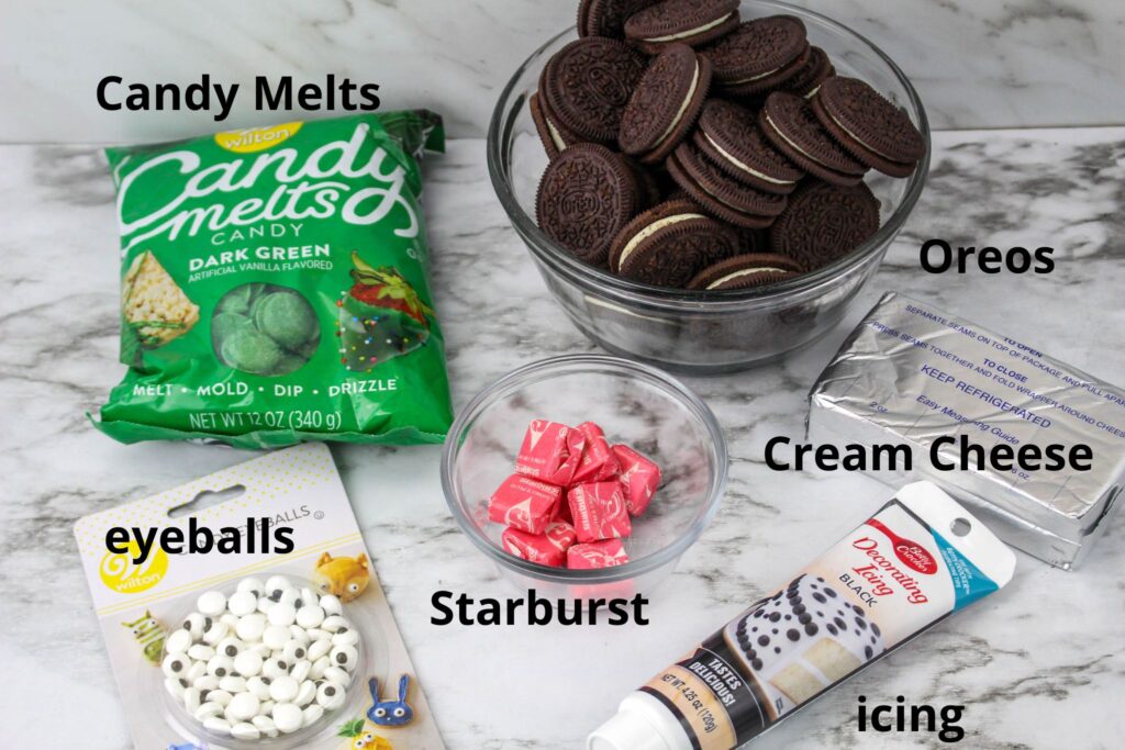 ingredients for frog oreo balls labelled with text