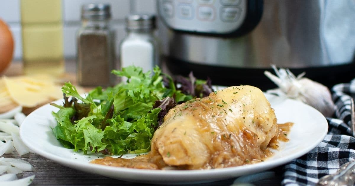 close up of french onion chickne on a white plate