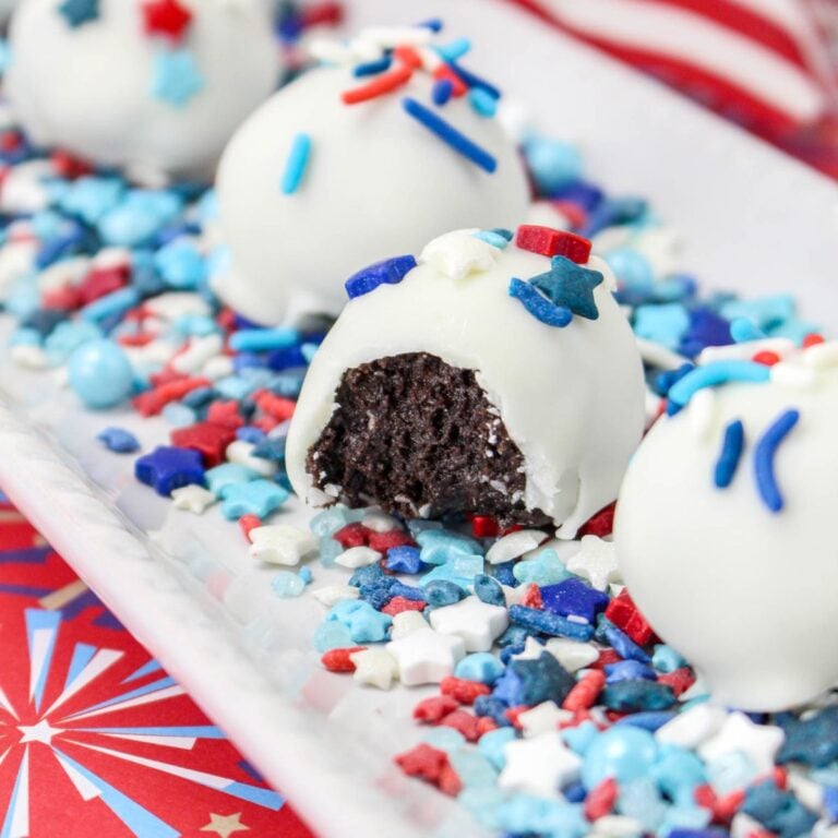 close up of the inside of a patriotic oreo balls