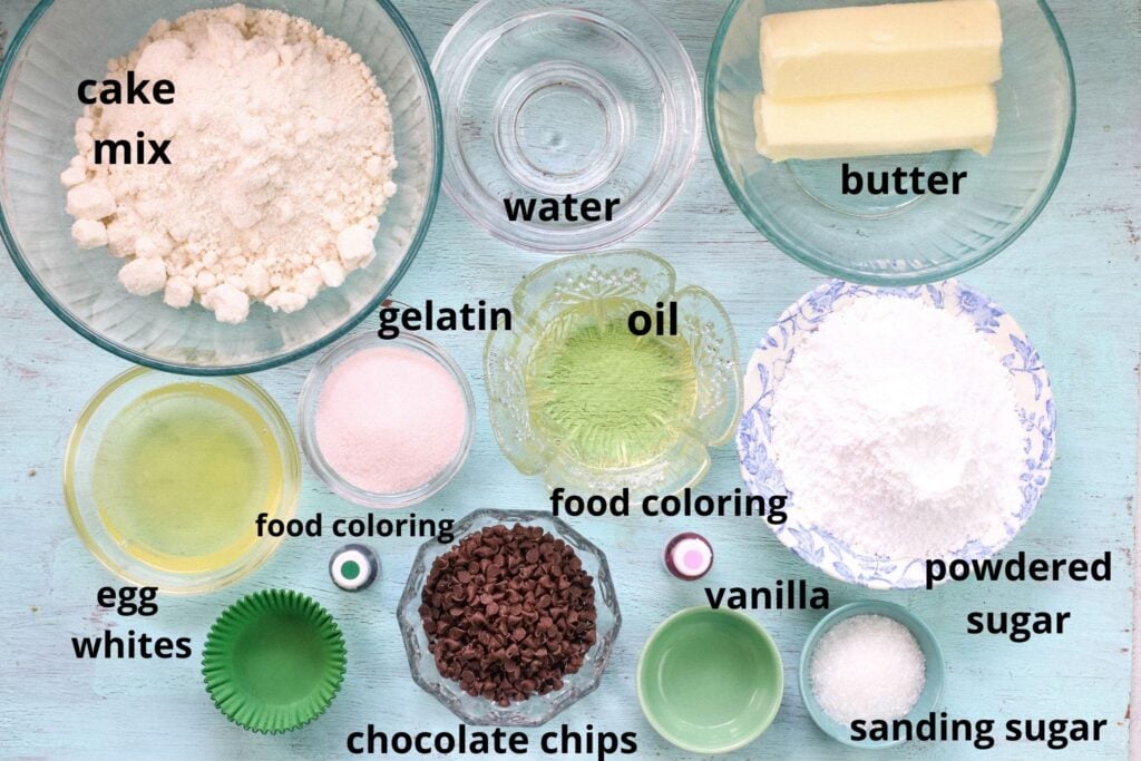 ingredients for watermelon cupcakes labeled with text