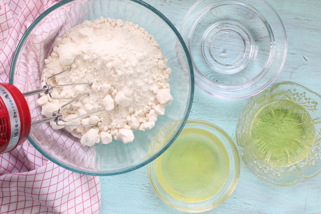 dry cake mix in a glass mixing bowl