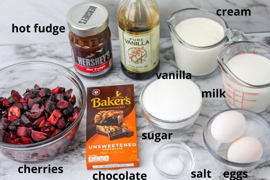 ingredients for black forest ice cream with text