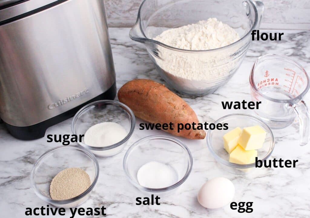 ingredients for bread machine sweet potato rolls with labelled with text