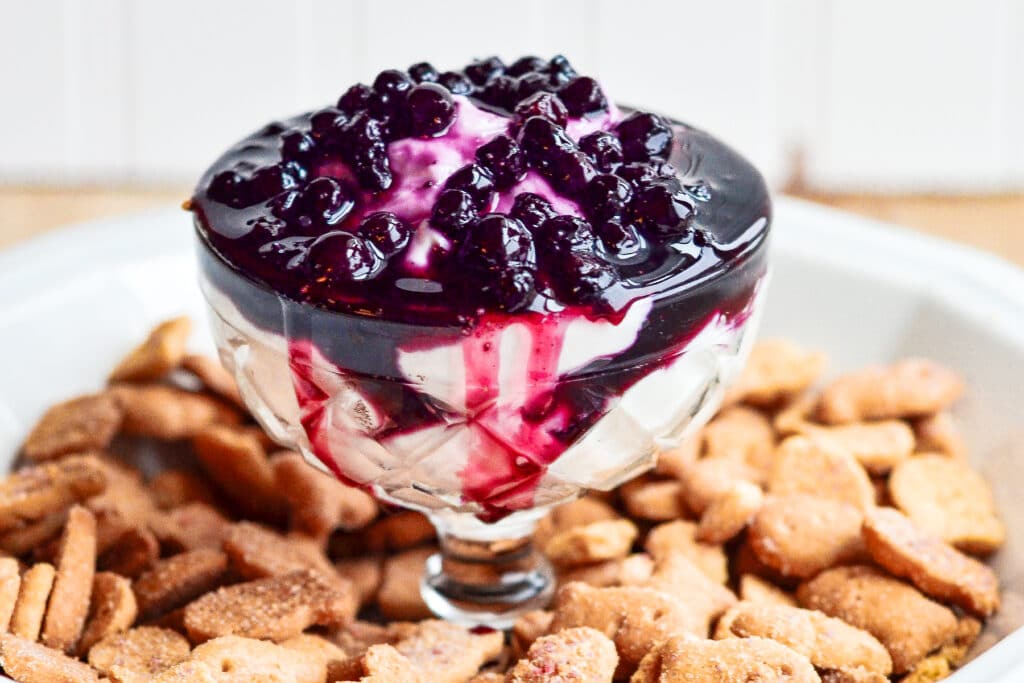 close up of Blueberry Cheesecake Dip in a glass bowl on top of a dish filled with graham crackers