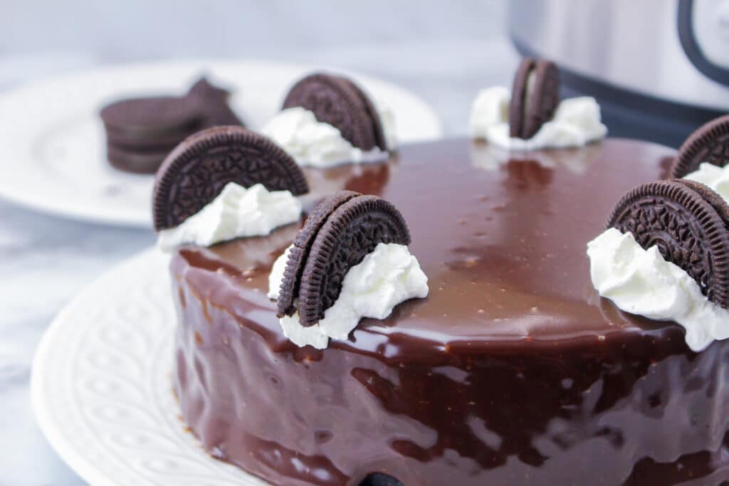 close up of a finished Instant Pot Oreo Nutella Cheesecake