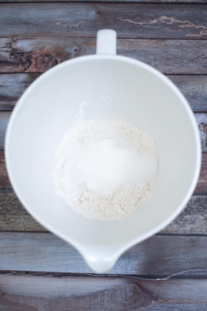 flour, baking powder and salt in a white mixing bowl