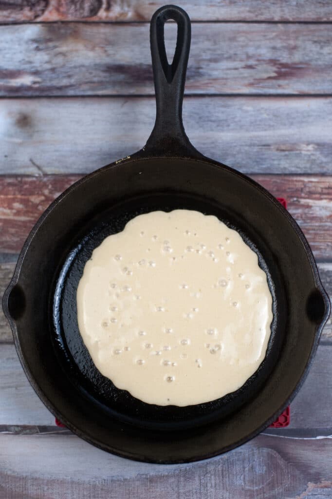 sourdough discard pancake in a cast iron skillet