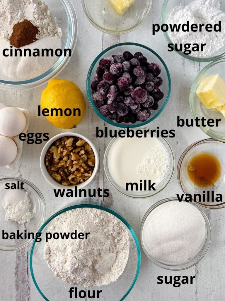 ingredients for blueberry nut bread labelled with text