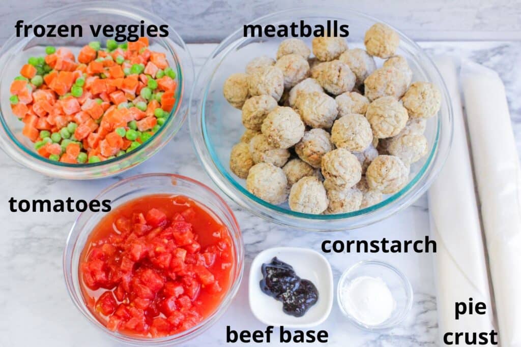 meatball pot pie ingredients labelled with text