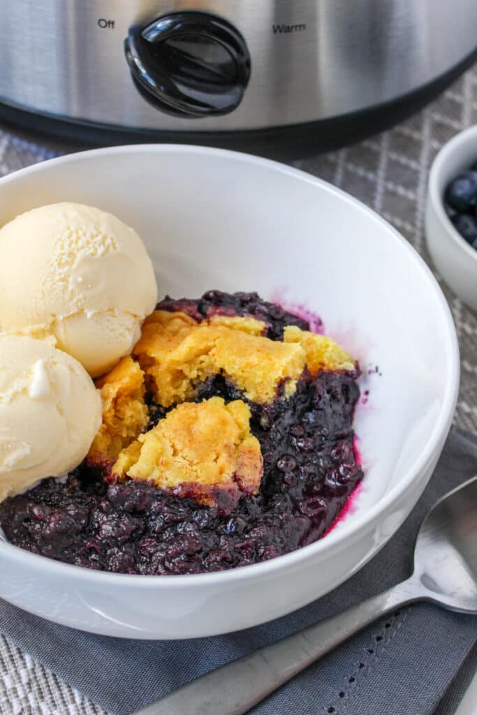off center image of a bowl filled with slow cooker blueberry ice cream, topped with ice cream