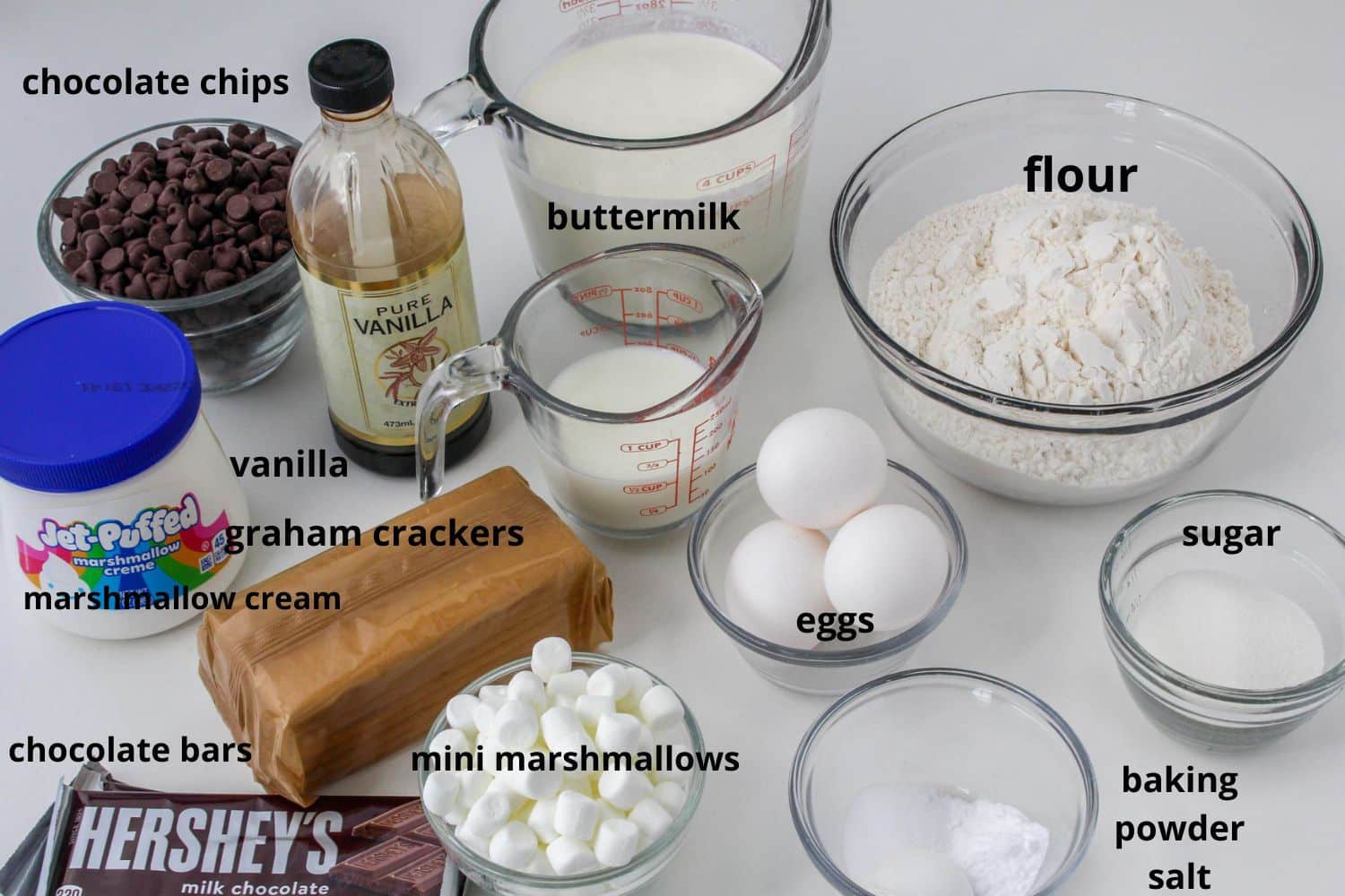 ingredients for smores pancakes labelled with text