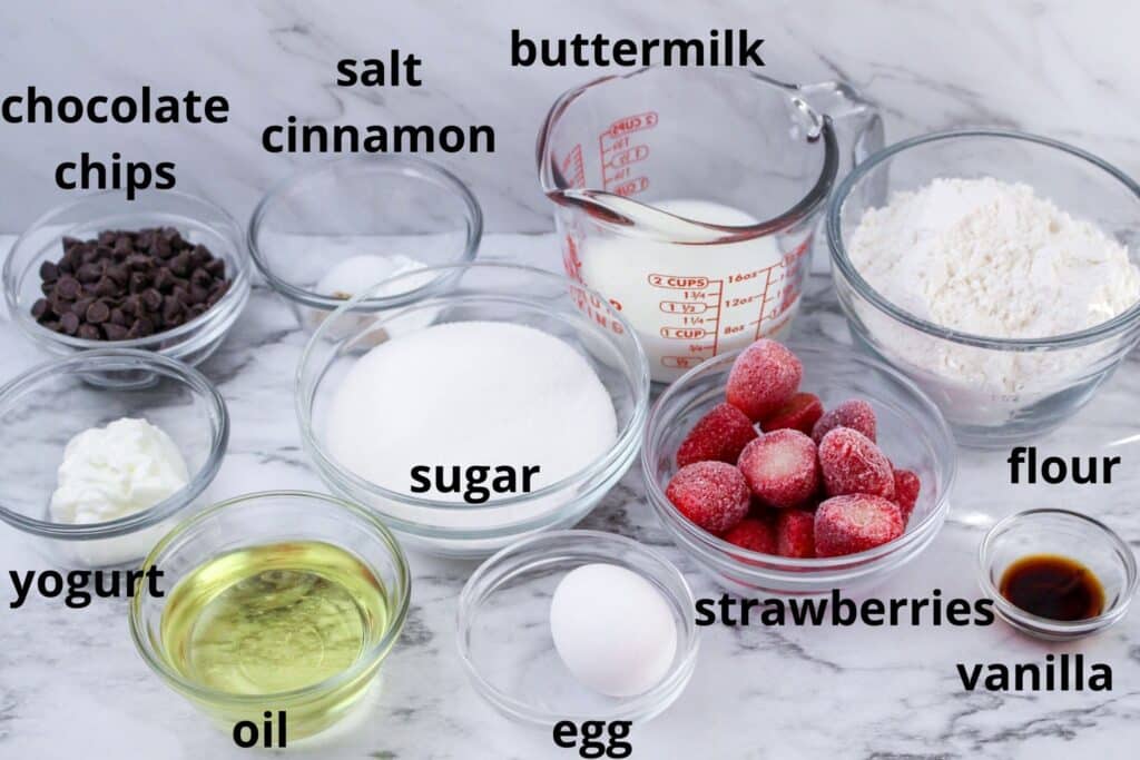 ingredients for strawberry chocolate chip muffins labelled with text