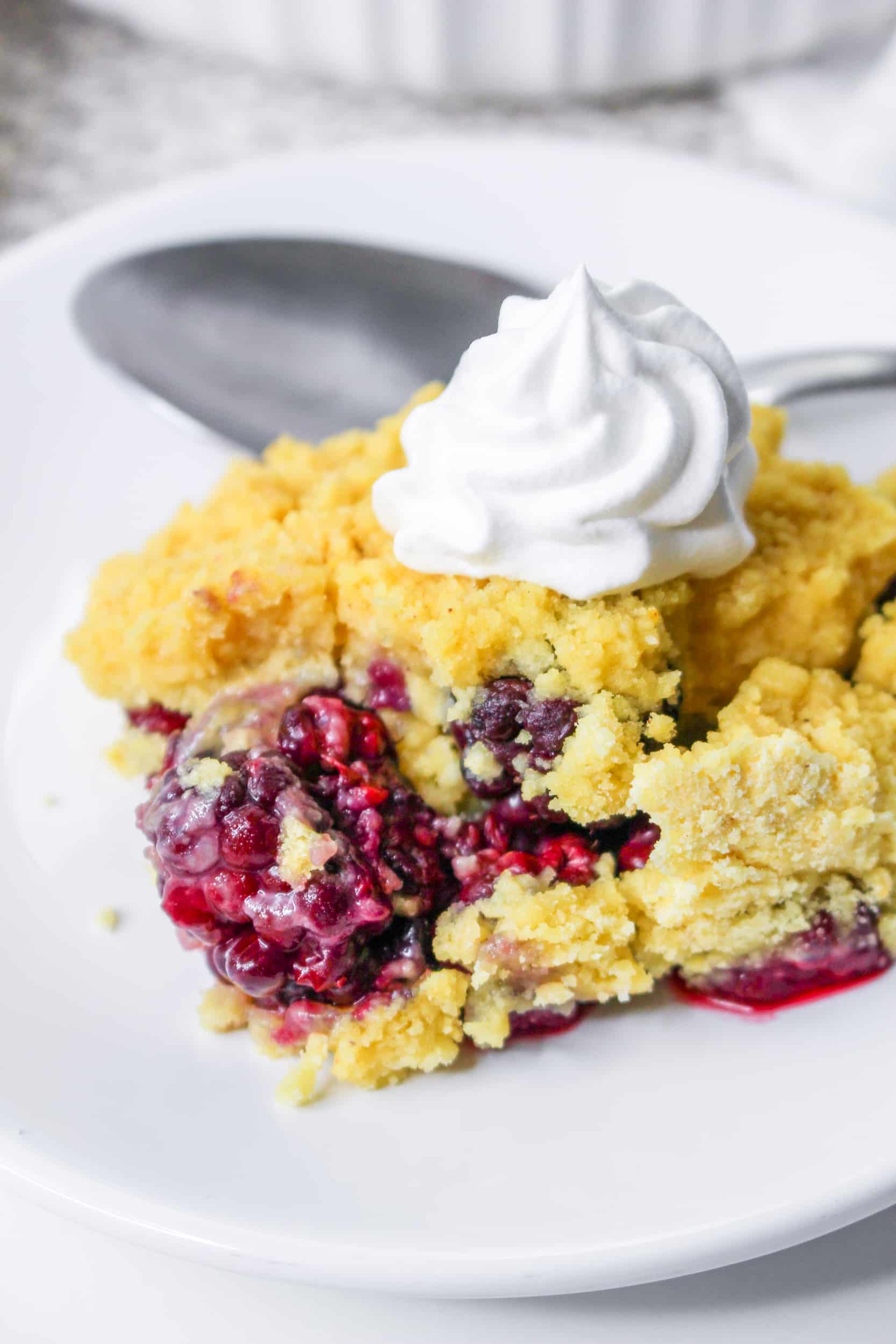 off center image of a instant pot blackberry cobbler on a white plate