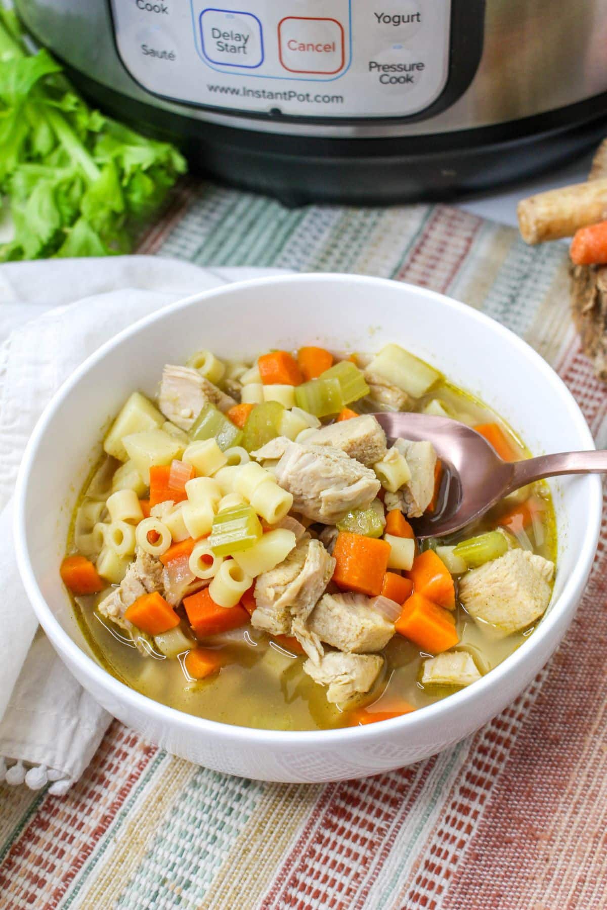 Instant Pot Turkey Soup in a white bowl with the pressure cooker in the background