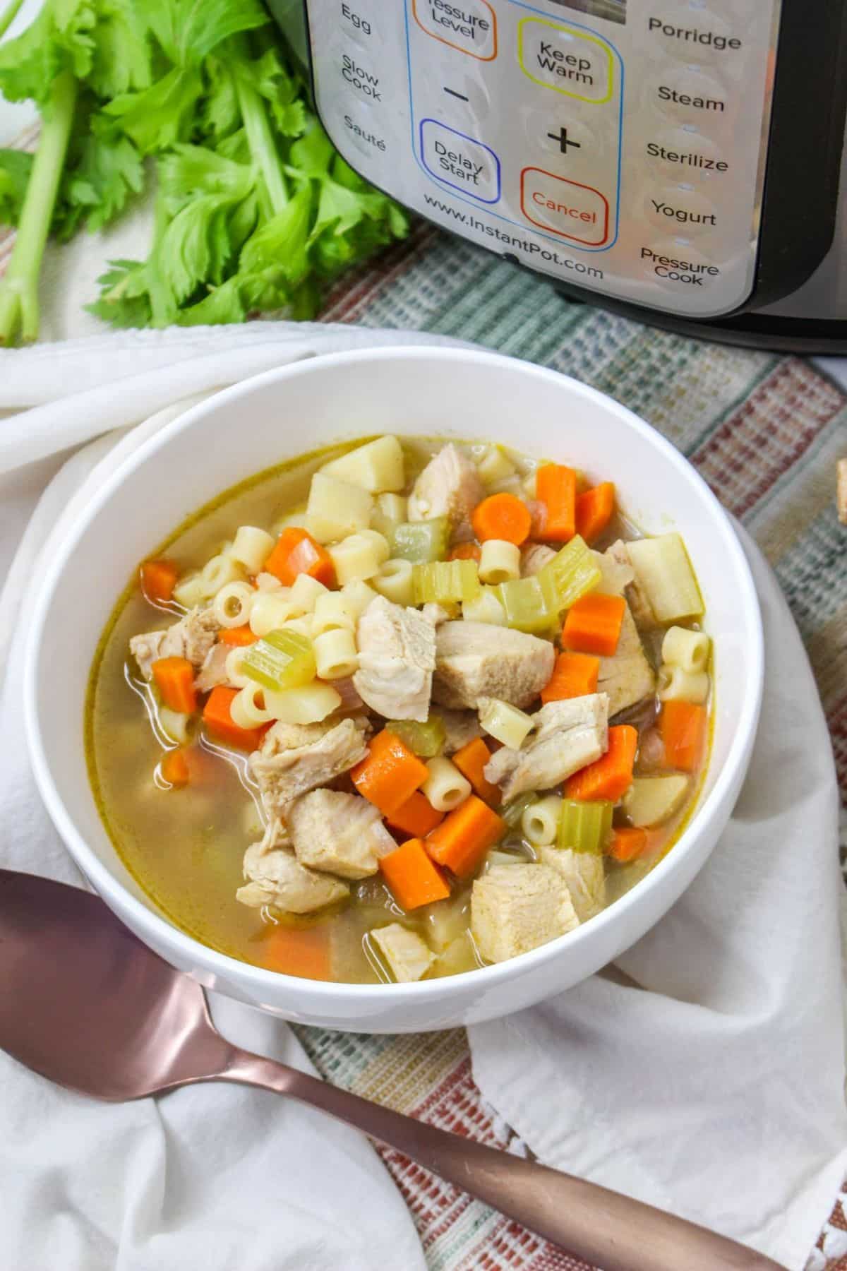 white bowl of filled instant pot turkey soup