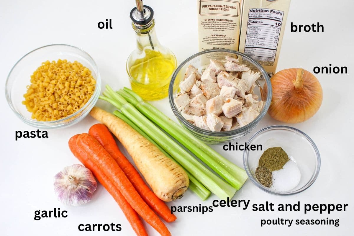 oil, broth, onion, chicken, seasonings,pasta, garlic, carrots, parsnips and celery on a white background