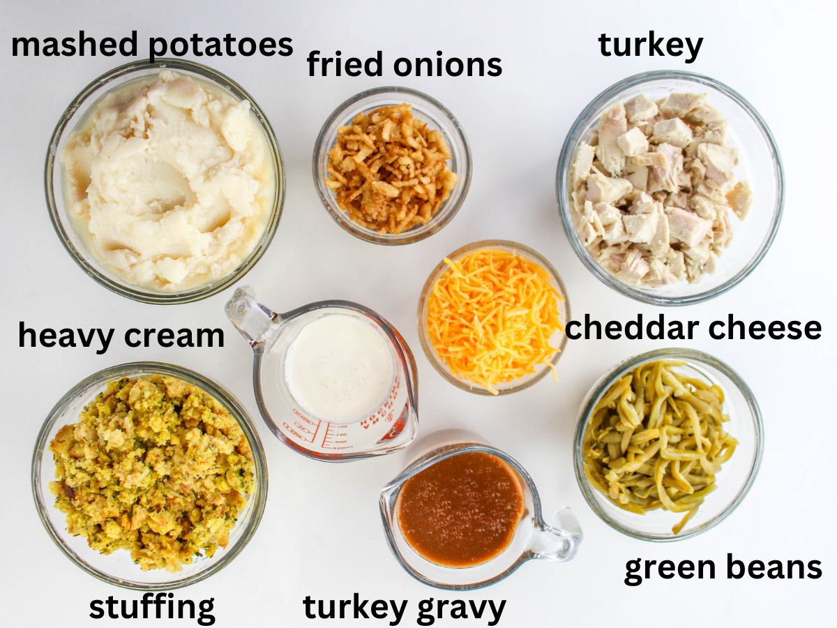 mashed potatoes, fried onions, turkey, heavy cream, cheddar chees, stuffing, turkey gravy, and green beans on a white background