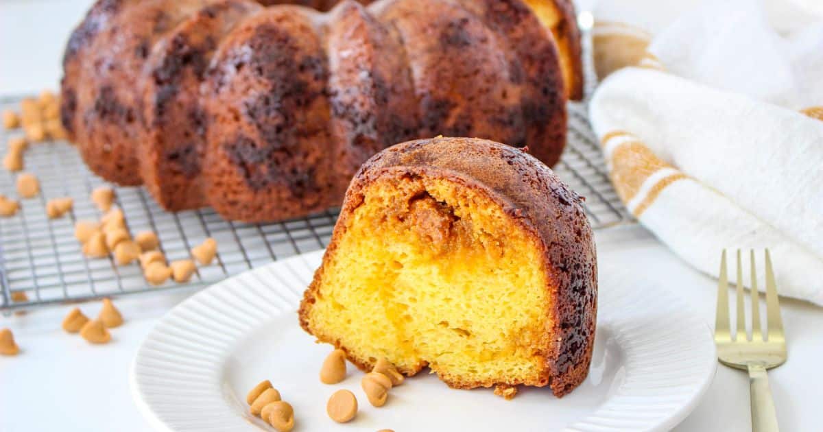 slice of butterscotch bundt cake on a white plate