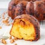 slice of butterscotch bundt cake on a white plate