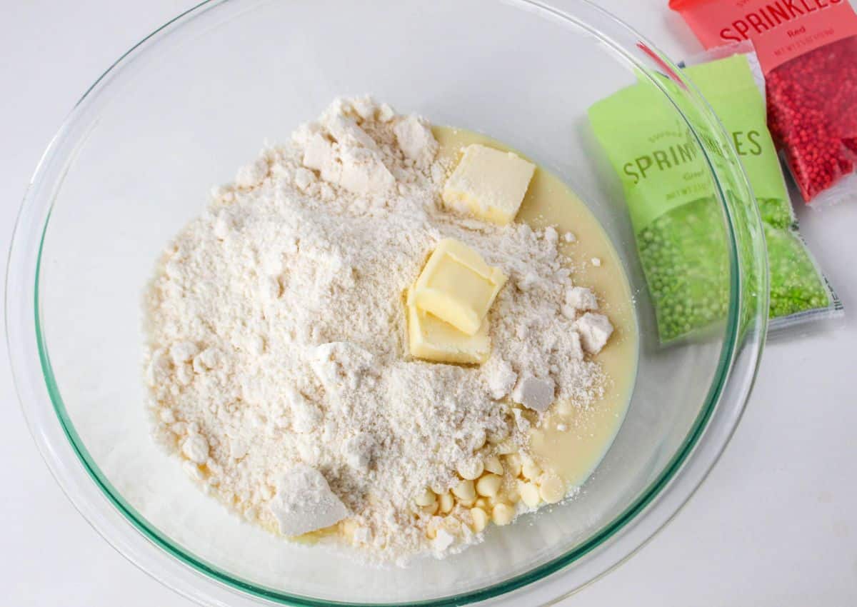 butter, mix, and condensed milk in a glass mixing bowl