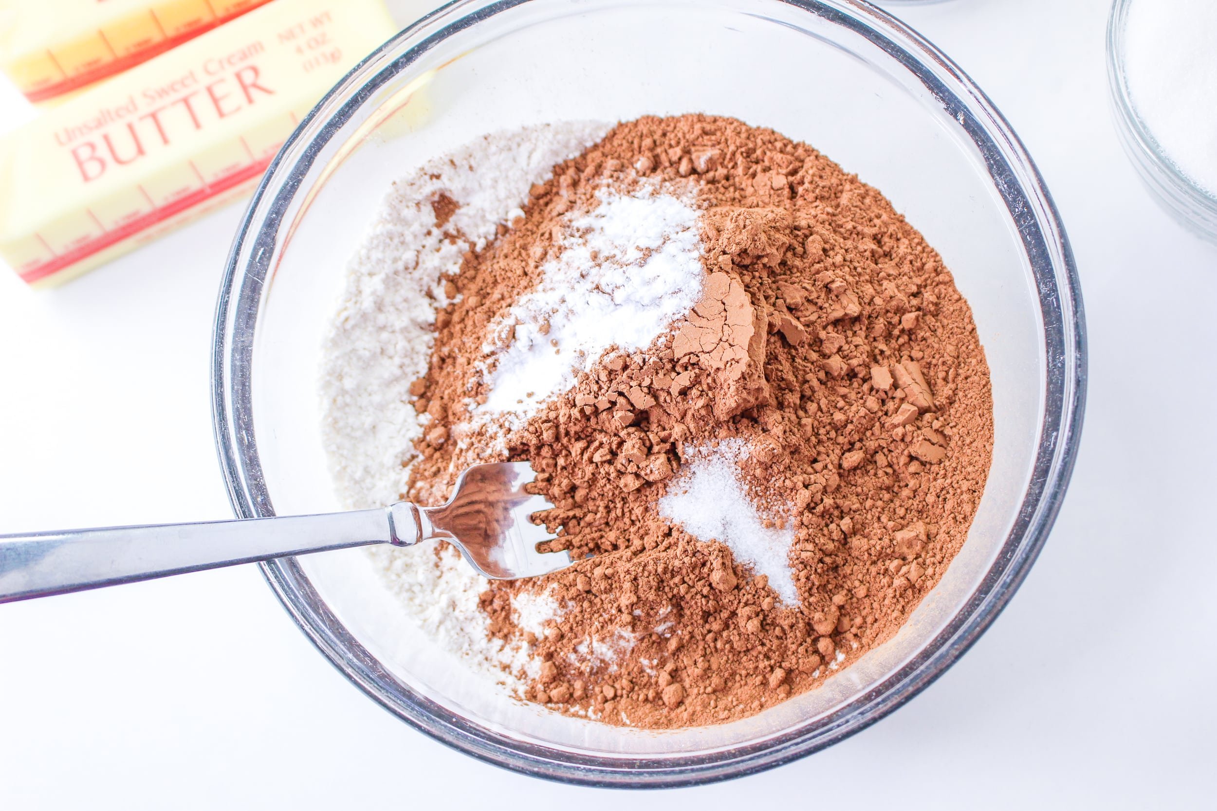 cocoa powder, baking powder, salt, and flour in a small mixing bowl