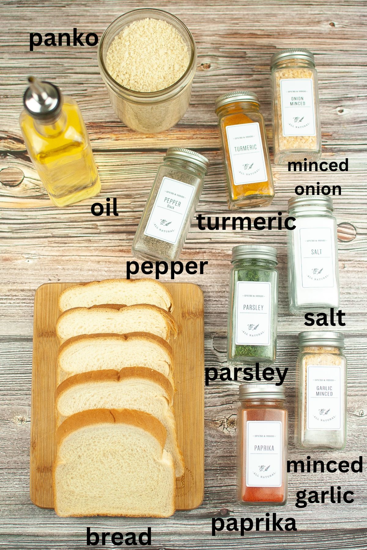 panko, oil, pepper, turmeric, minced onion, parsley, salt, paprika, minced garlic, and sliced bread on a wooden background labeled with text