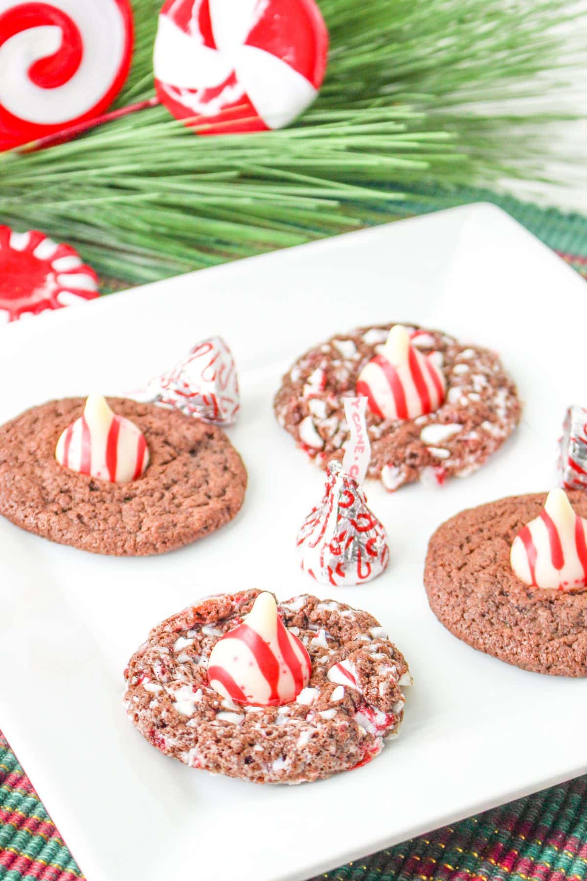four chocolate peppermint kiss cookies on a white plate with candy cane kisses