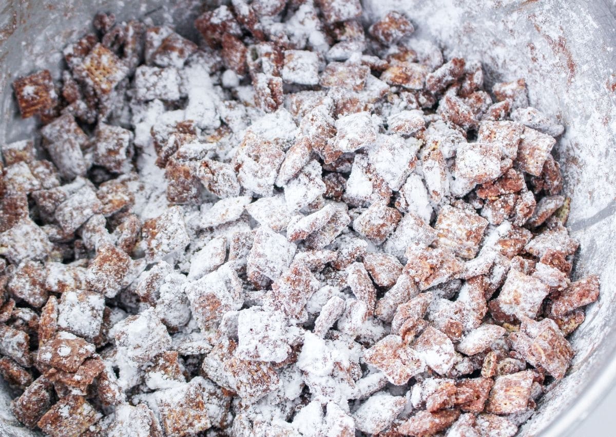 chex cereal coasted in chocolate and powdered sugar