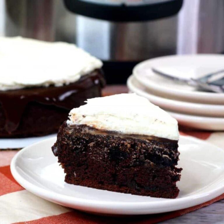 slice of irish car bomb cake on a white plate with an instant pot in the background