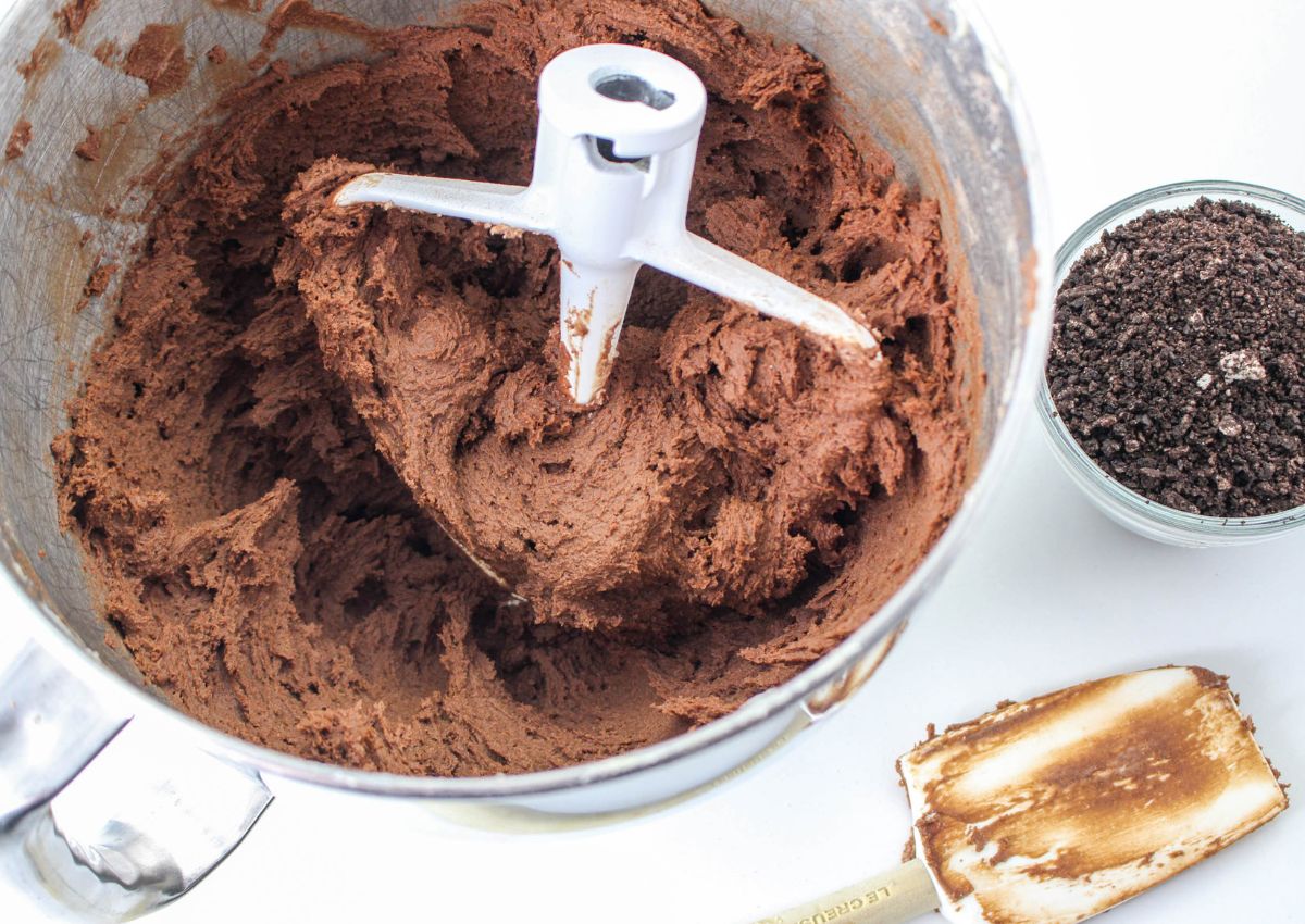chocolate cookie dough in a stand mixing bowl