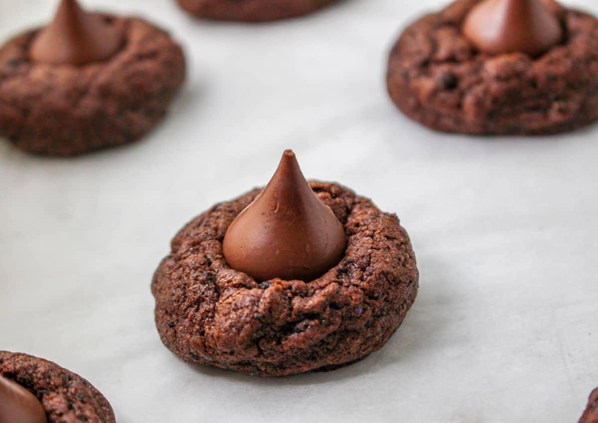 chocolate cookie baked and topped with a hershey kisses