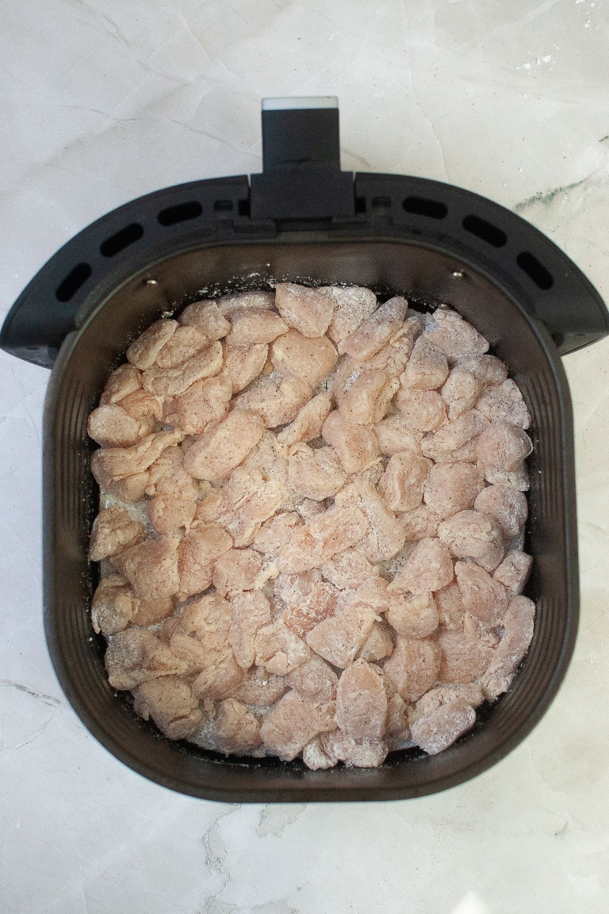 raw chicken in a single layer in the air fryer basket