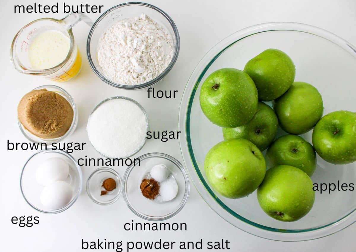 apples, melted butter, brown sugar, flour, sugar, cinnamon, eggs, baking powder and salt on a white background