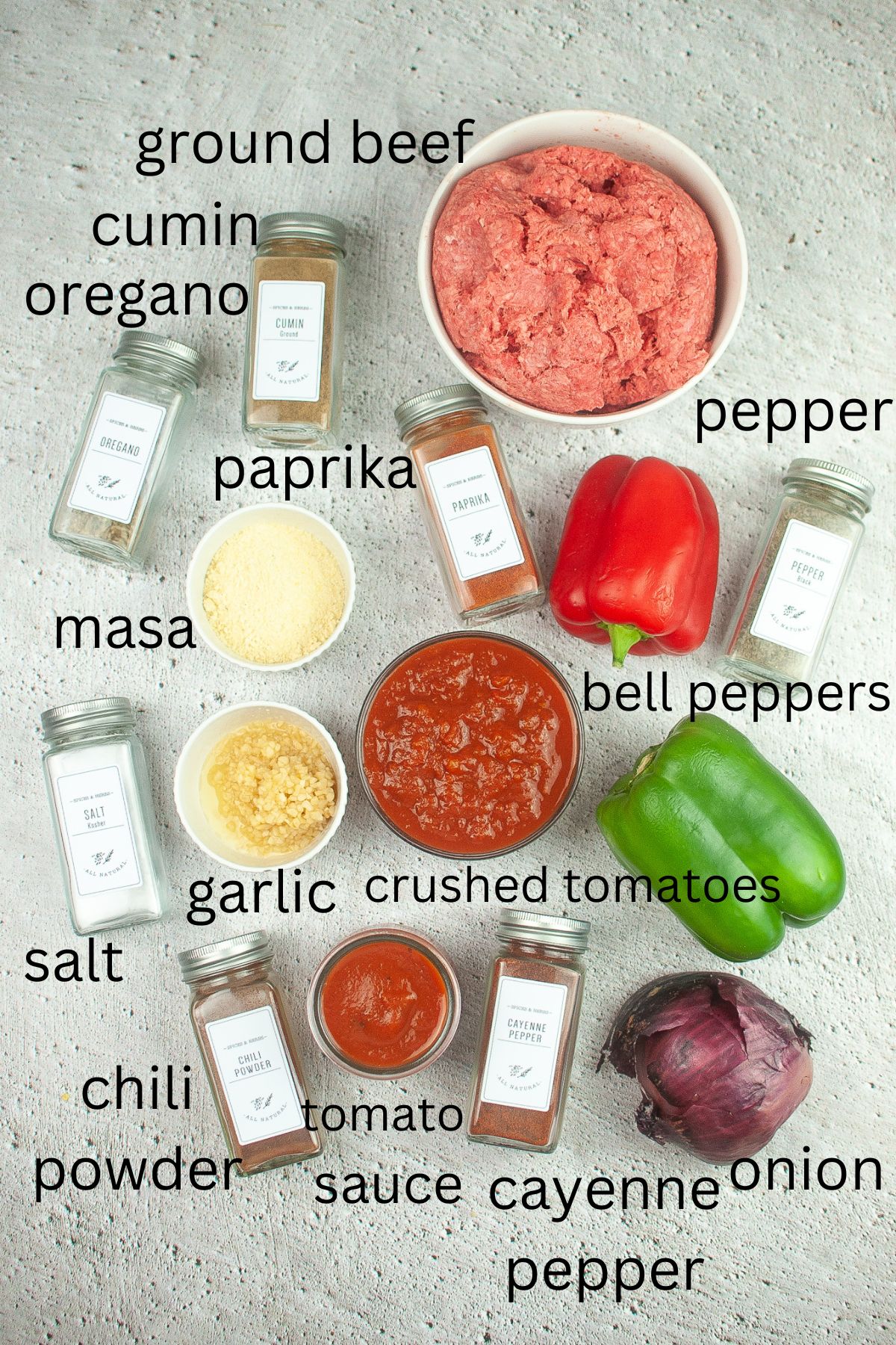 beef, cumin, oregano, pepper, paprika, bell peppers, garli, masa, slat, chili powder, tomato sauce, crushed tomatoes, cayenne pepper, and onions