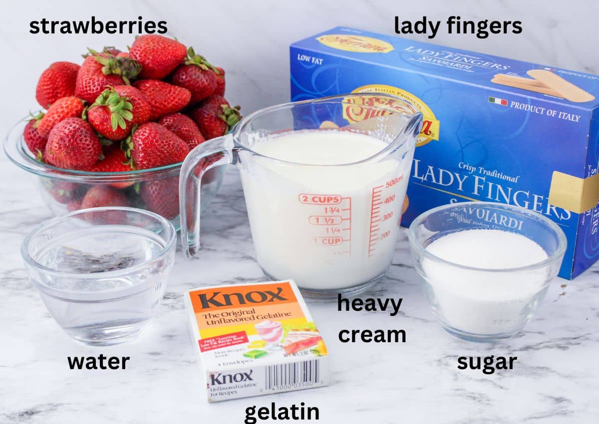 strawberries, lady fingers, heavy cream, water, gelatin, and sugar on a marble counter