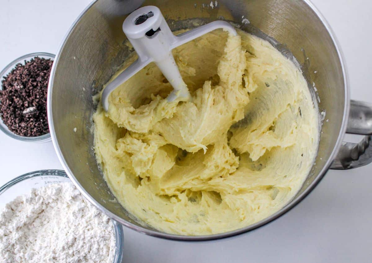 butter and sugar creamed in a stand mixer