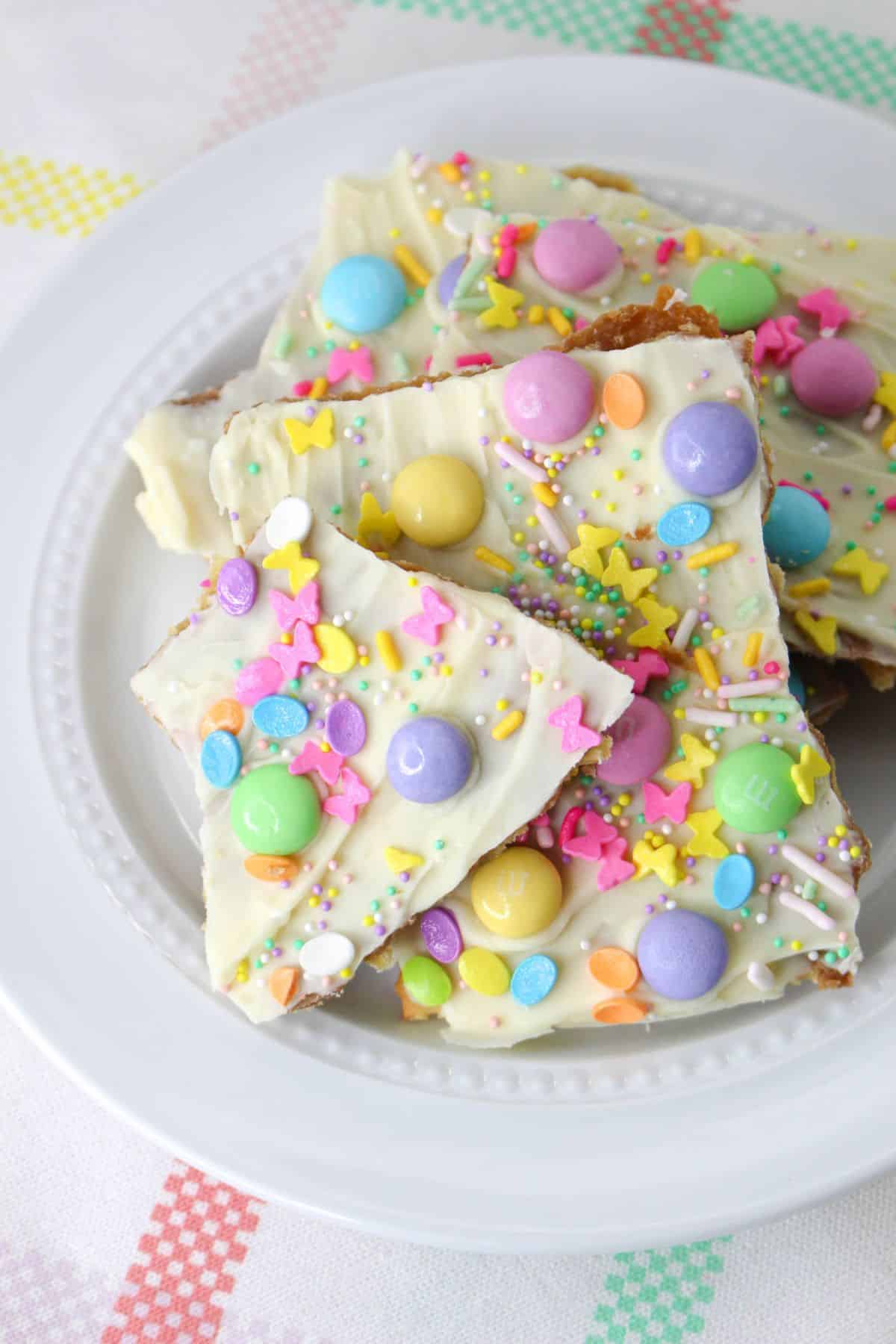pieces of easter crack bark on a white plate