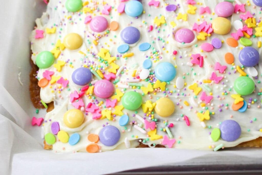 close up of easter crack in a parchment paper lined baking sheet